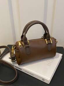 Tas Tangan Mewah untuk Wanita, Tas Genggam Silinder Bulat Serbaguna dan Modis Terbaru, Tas Selempang Bahu dengan Penutup Resleting, Tas Boston Kulit PU Warna Kontras - Coffee Brown - View 8