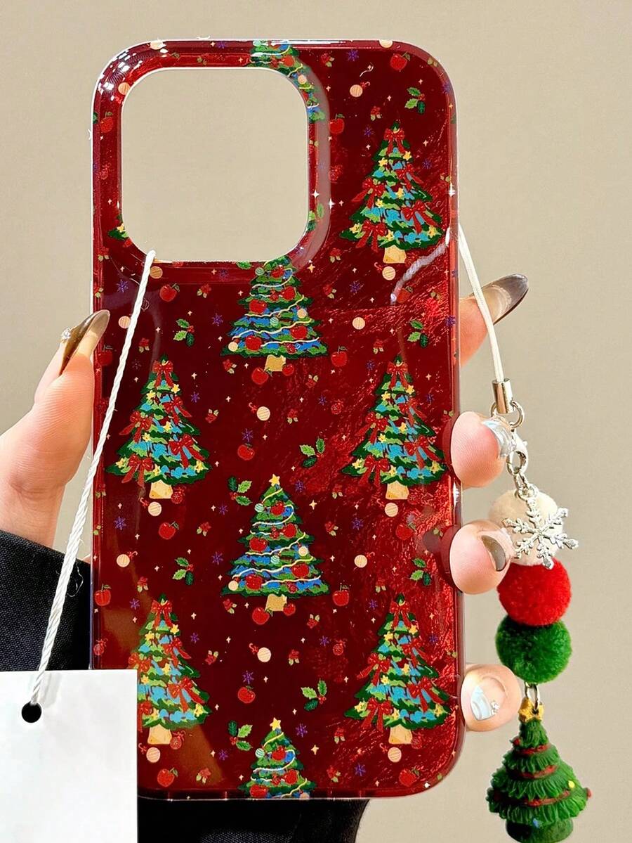 Cute Retro Christmas Tree Pendant Laser Phone Case Compatible With IPhone 17ProMax 16 ProMax 15 14 13 12 11 Pro Max Lovely Christmas Style Shockproof Cover - Red - View 1