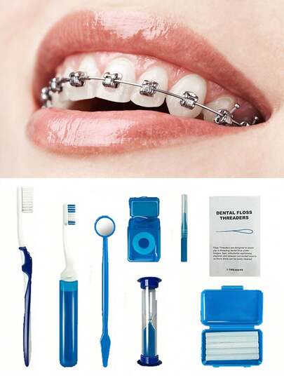 8件套牙齿美白清洁套装，适用于正畸治疗，包括牙刷、牙线、镜子、牙蜡条、男女口腔护理套装