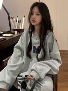 Women's Casual Letter Print Long Sleeve Sweatshirt, Spring/Autumn - Grey - View 1