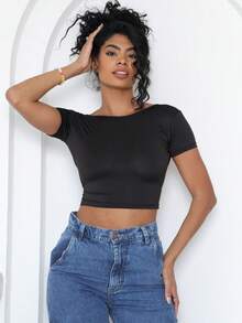 Moderna & Slim Short Sleeve Blouse With Fully Exposed Back - Fully Open Back Blouse - 黑色的 - 查看 2