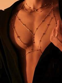 2 件男士时尚多层项链和胸链套装，男女通用珠宝，男士性感内衣配饰，适合派对、角色扮演 - 彩色 - 查看 4