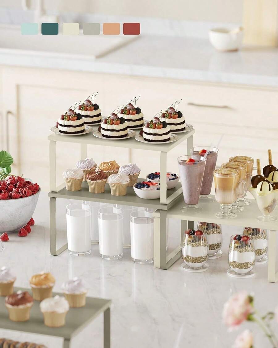 SONGMICS Estante para Especias, Juego de 2, Organizador de Armario, Estante de Almacenamiento de Cocina Extensible, Especiero de Metal y Madera de Ingeniería, Beige Capuchino, Vuelta al Cole - Caqui - Ver 1