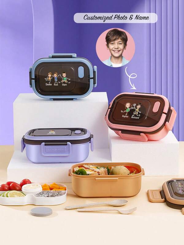 Customizable Lunch Box With Name And Photo (Fork And Spoon Included), Suitable For Adults Or Children, 3 Compartments, And Includes Cutlery. Microwave And Dishwasher Safe, Perfect For Back-To-School Lunches To Avoid Confusion