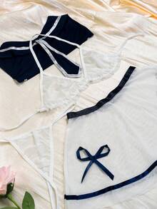 4pcs Women's Sexy Mesh Perspective Three-Point Role-Playing Halloween JK Sailor COS Uniform Lingerie Set Suitable For Home, Role-Playing Or Party Use,Sexy Lingerie