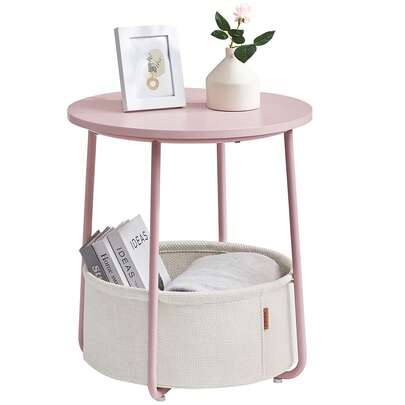 VASAGLE End Table, Small Bedside Table With Fabric Basket, Modern Nightstand, Round Side Table, For Living Room, Bedroom, Jelly Pink And Cream White