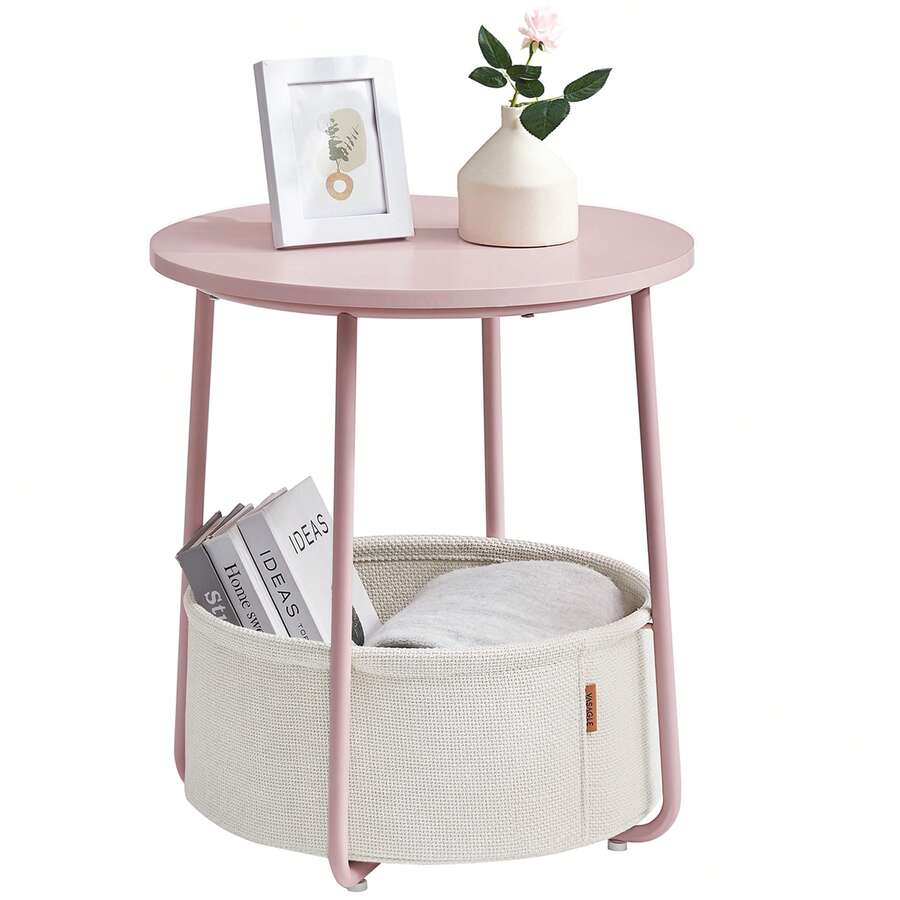 VASAGLE End Table, Small Bedside Table With Fabric Basket, Modern Nightstand, Round Side Table, For Living Room, Bedroom, Jelly Pink And Cream White - Pink and White - View 1