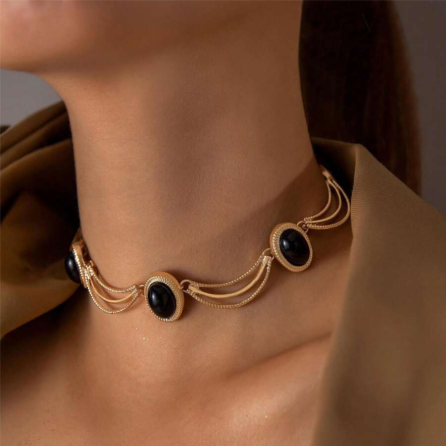 European And American Cross-Border Jewelry Palace Style Medieval Oval Geometric Necklace French Retro Niche Collarbone Chain Choker For Women - 25492-NE-G-set - Xem 1