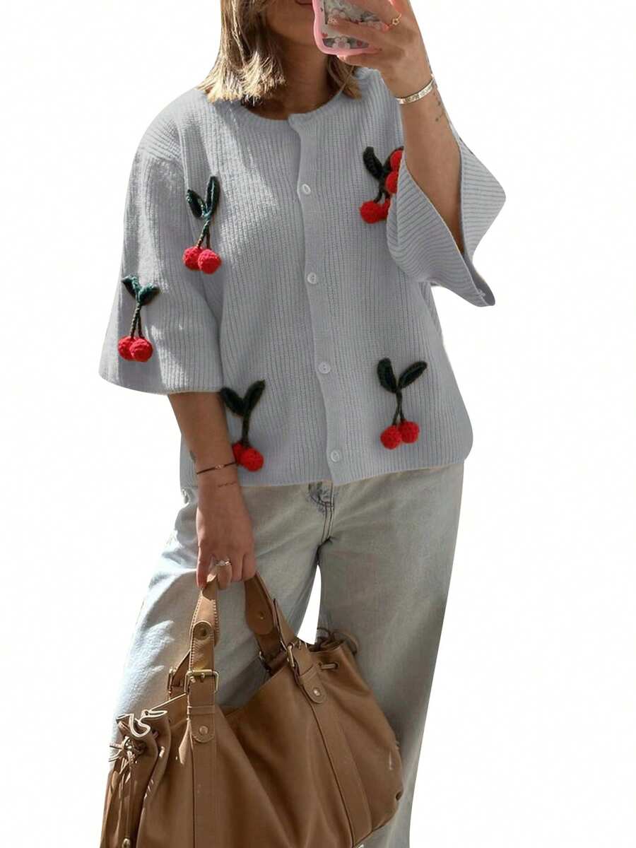 Women's Summer Knit Tops Half Sleeve O Neck Button Up Cherry Embroidery Knitwear For Party - Grey - View 1
