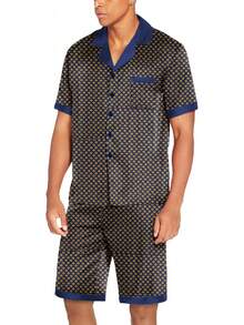 Men Satin Silk Set With Pockets Sleepwear Shorts Satin Summer Loungewear 2 Piece Button Down Set S-3XL - màu nâu - Xem 6