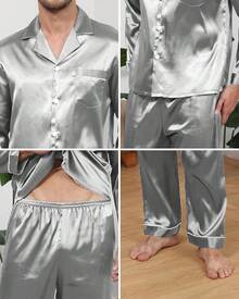 BigKing Men's Silk Satin Pajama Set, Soft Long Sleeve Button Down Pyjama Set - White - View 6