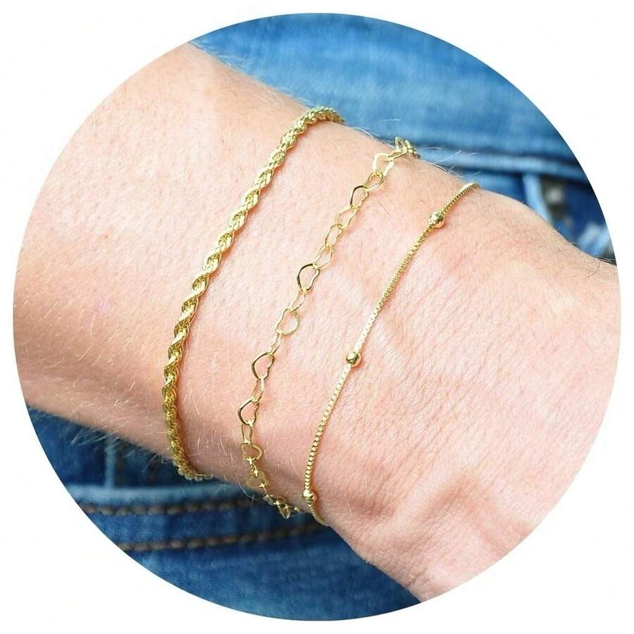 Kit Of 3 Elegant Heart-Shaped Beaded Bracelets, Plated In 925 Silver Or 18K Gold - Vàng - Xem 1