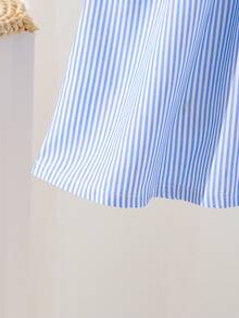 女童校服蝴蝶结刺绣针织背心+条纹长袖翻领衬衫裙两件套 - 藍色 - 查看 6