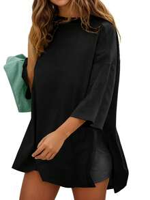 Fisoew Women's Oversized T Shirts Casual 3/4 Sleeve Side Slit Workout Gym Loose Fit Summer Tee Tunic Tops - Y2K Streetwear Basic Fashion Comfort Fit Plus Size - 黑色 - 查看 1