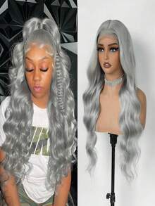 13x4 Grey Lace Front Wigs Human Hair Glueless Wig Pre Plucked With Baby Hair 180 Density Body Wave Lace Front Wigs Human Hair Can Be Permed & Dyed HD Transparent Water Wave Human Hair Wig For Women 34 Inch True To Length - 灰色 - 查看 7