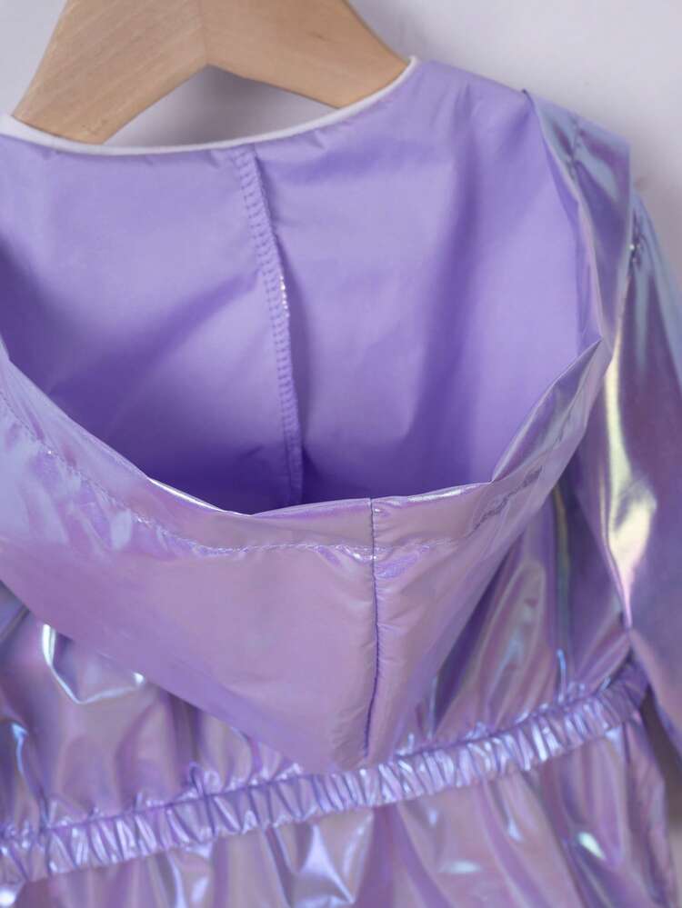 1 件年轻女孩休闲彩虹色连帽春秋夹克，时尚中长款男女通用飞行员外套，百搭外套 - 紫色 - 查看 9