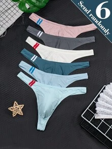 6pcs/Pack Men's Soft Knit Thong Underwear, Breathable Solid Color Comfortable Sexy Thong Briefs, Summer Fashion