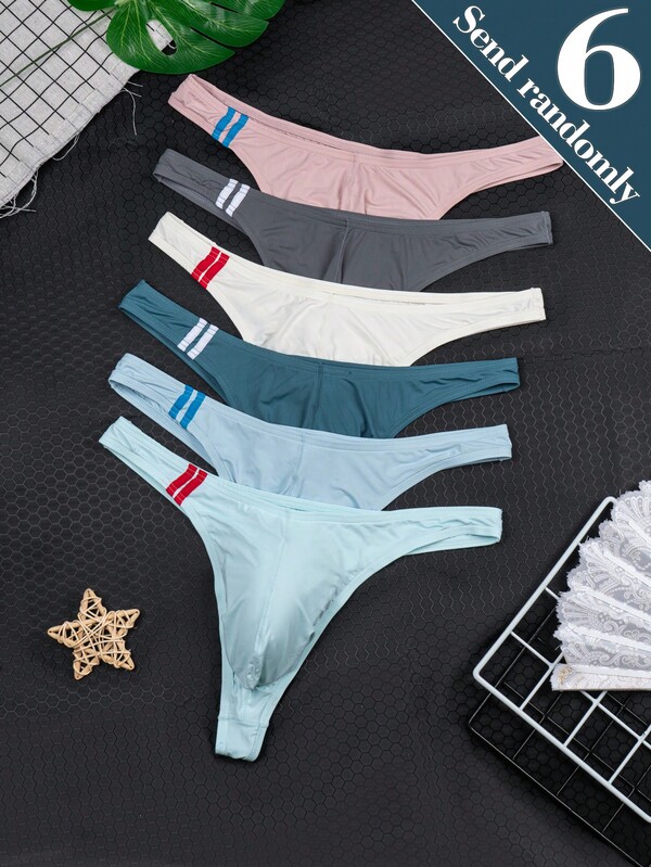 6pcs/Pack Men's Soft Knit Thong Underwear, Breathable Solid Color Comfortable Sexy Thong Briefs, Summer Fashion