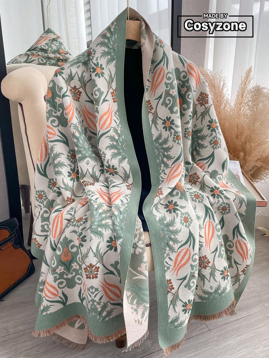 1 buah Syal/Selendang Hangat Rajut Jacquard Motif Bunga Bahan Kasmir Imitasi untuk Wanita, Aksesori Fesyen Serbaguna untuk Musim Gugur/Musim Dingin, Cocok untuk Dekorasi Gaun - Lily Hijau - View 1