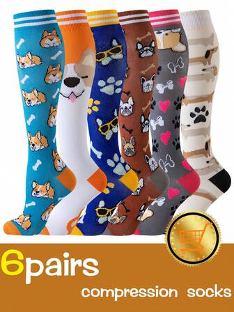 Nurse Graduated Compression Socks For Women Men 6 PAIRS Support Circulation 6 Pairs Knee High Hiking Running Travel Flight Athletic Nursing Sport Circulation Compression Stockings For Women And Men Pet Cartoon Cute Lovely Dog Compression Socks