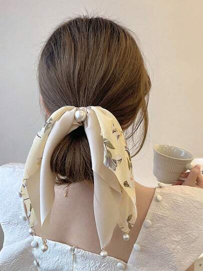 1个女士仿珍珠发圈，带丝带，优雅可爱，适合日常佩戴（仿珍珠数量随机，因为它们容易脱落）头部配饰