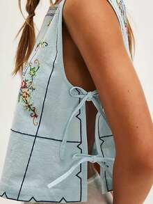 Women Flower Embroidery Tank Top Vest Sleeveless Crewneck Side Slit Going Out Top Shirts Streetwear - 藍色 - 查看 3