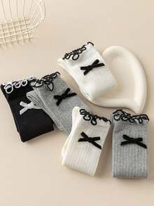 1 双/3 双儿童秋冬及膝袜，黑白灰色蝴蝶结装饰，校园风格女童蕾丝边长袜