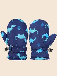 1 par de luvas infantis grossas e quentes de inverno com estampa de dinossauro em cores sólidas para atividades ao ar livre - Multicolorido - Ver 13