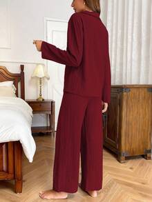 Nina Bonheur 两件套女士宽松前开襟长袖衬衫搭配松紧腰直筒裤睡衣套装，舒适保暖，秋冬服装 - 酒紅色 - 查看 3