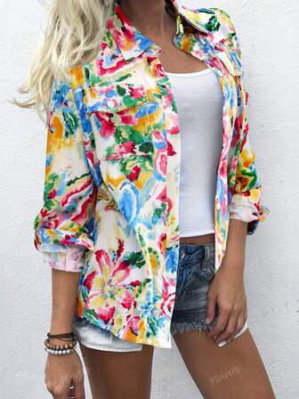 Women's Autumn Winter Watercolor Art Floral Shirt Collar Long Sleeve Loose Workwear Style Pocket Detail Shirt
