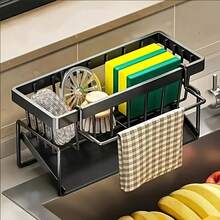 1 Simple Metal Kitchen Sink Rack, Self-Draining Kitchen Sink Organizer, Sponge Draining Rack, Suitable For Kitchen/Bathroom Countertop Storage, Comes With A Towel Rod, Available In Black, Gray, And White