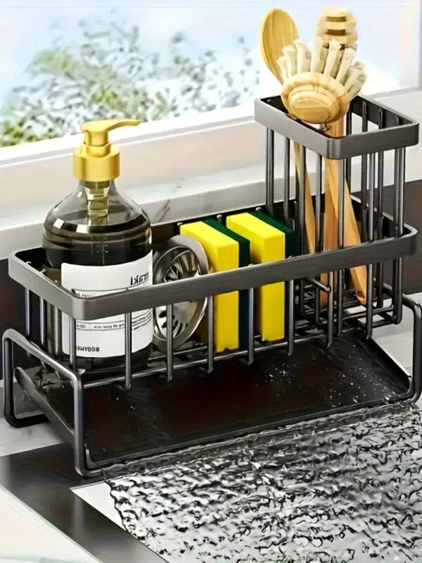 2-Tier Dish Drainer With Tool Caddy - Drip-Free Sink Shelf For Plates, Cups & Spoons (Modern Black Finish)