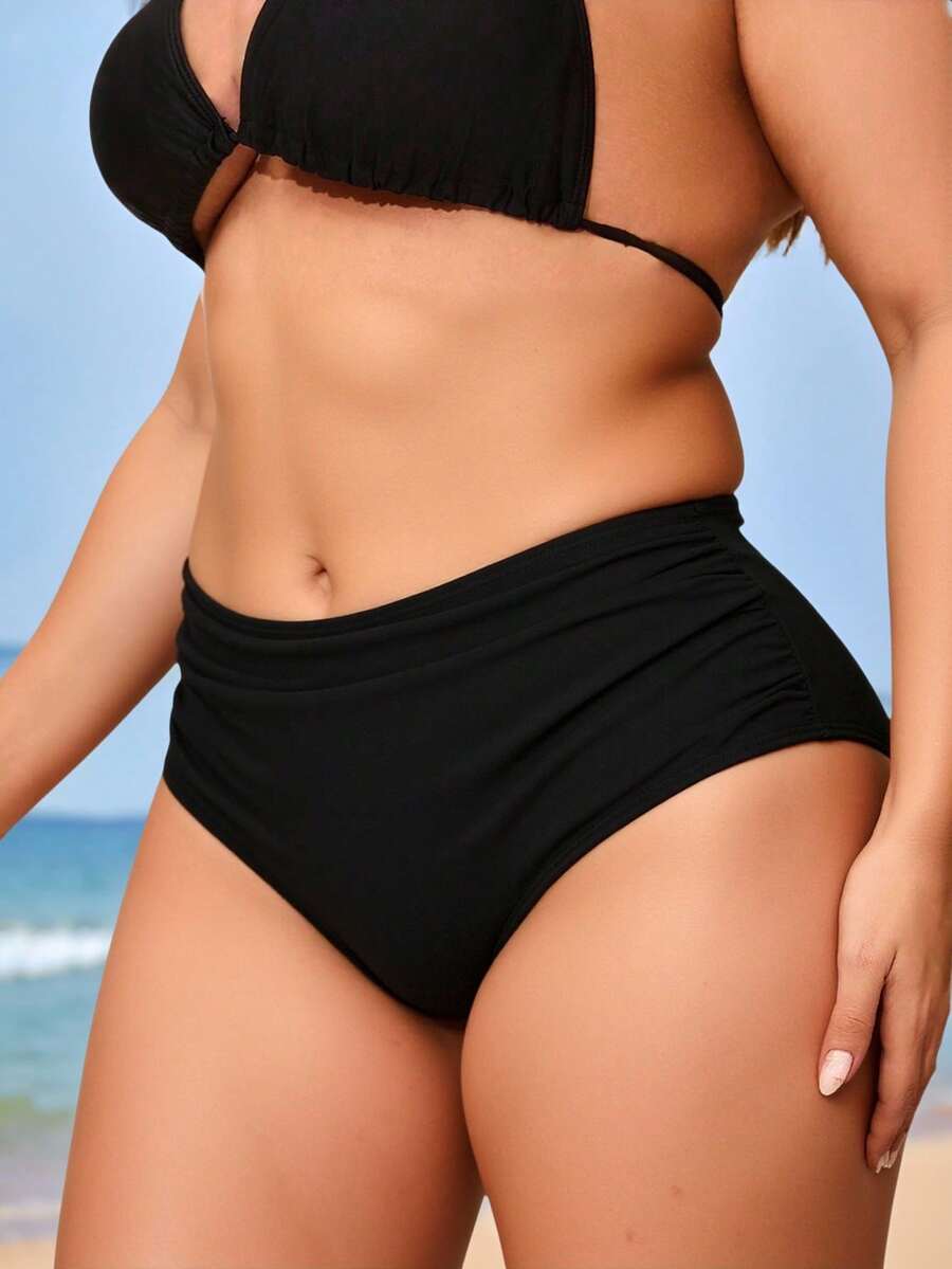Swim Lushoire Summer Beach Plus Ruched High Waisted Bikini Bottom - Black - View 1