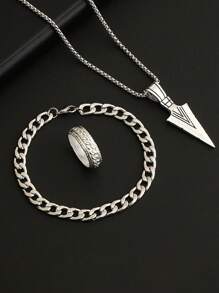 3pcs/Set Men's Hiphop Stainless Steel Chain Swivel Clasp, Pressure Resistant Ring, Bracelet, Cross Necklace - Arrow Three Piece Set - View 17