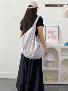 Bolso de hombro de gran capacidad con patrón de unicolor, bolso cruzado minimalista de estilo para mujer de vuelta al colegio, bolso de tela de nailon, bolso casual y práctico multiusos, adecuado para trabajo, estudio y viaje - Gris Claro - Ver 8