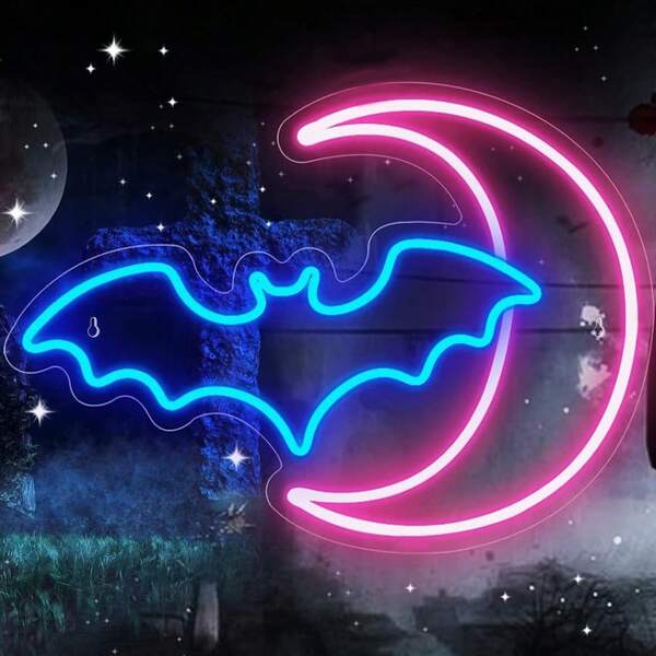 1pc Moon & Bat Shaped LED Neon Sign - USB/Battery Powered, Wall Decor, Dimmable, Color Changing, - Ideal For Bedroom, Halloween Decoration Halloween Decoration Room Decor Halloween Garden Decor For Gift Fairy Holiday Decor Festival Decor