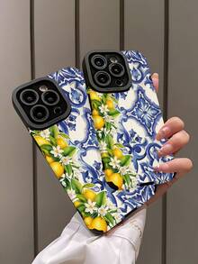 1 pieza Funda de teléfono suave vintage con patrón floral azul vertical, compatible con Apple 15/15PLUS/15PRO/15PROMAX, resistente al agua, a los golpes y a los arañazos - Multicolor - Ver 4