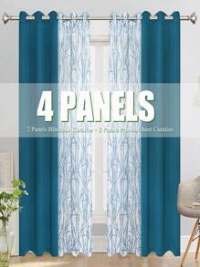 2 件树枝印花 + 2 件纯色遮光窗帘 4 件套，乡村花卉印花装饰窗帘，顶部有不锈钢环，方便安装 - 灰色 - 查看 9