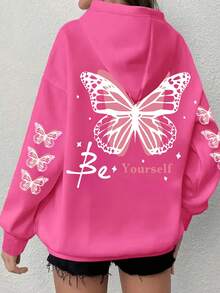 女款大尺碼蝴蝶連帽衛衣－灰色底色配粉色滾邊，「Be Yourself」印花，舒適套頭連帽衫，適合秋冬穿著 - 玫紅色 - 查看 1