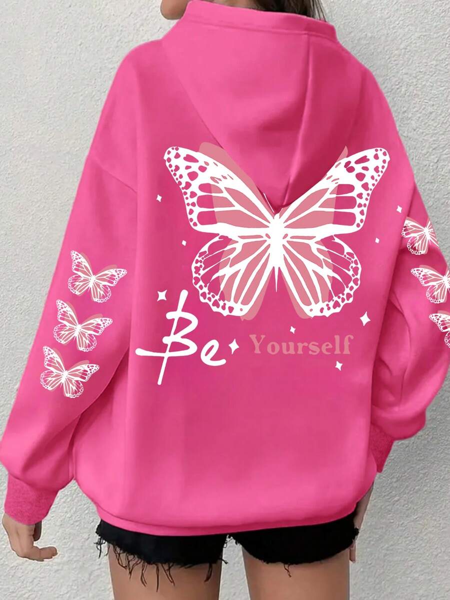 女款大尺碼蝴蝶連帽衛衣-灰色底色配粉色滾邊,「Be Yourself」印花,舒適套頭連帽衫,適合秋冬穿著 - 玫紅色 - 查看 1