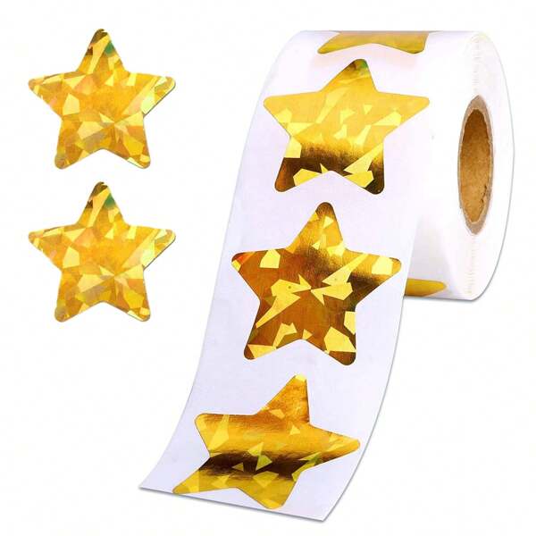 1" Grandes pegatinas de estrella dorada holográfica para recompensas en escuelas y aulas, 500 piezas de rollo de pegatinas metálicas de estrella para gráficos de comportamiento, planificadores de estudiantes y suministros escolares para maestros