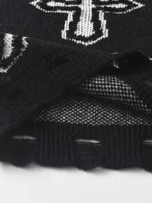 男童街头风十字图案针织套头毛衣，长袖，适合春、秋、冬季休闲穿着。 - 黑色 - 查看 7