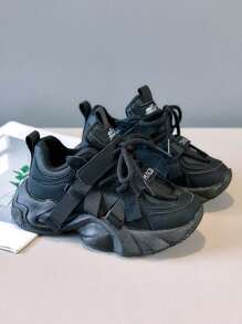 1 Pair Fashion Children's Sports Shoes, PU Leather Patchwork Waterproof Low-Top Thick Sole Non-Slip Running Shoes, Campus Style Boys & Girls Comfortable Casual Shoes, Suitable For All Seasons