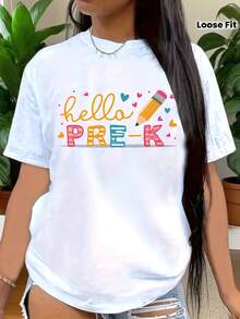 Happy First Day Of School Shirt, Plus Size Teacher Back To School Tee, Retro Simple Teacher Educational Bow & Pencil Bright Doodles Graphic T-Shirt For Educators, Events & Teach, World Teachers' Day & Teacher Appreciation Week Gifts For Teacher - White - View 1