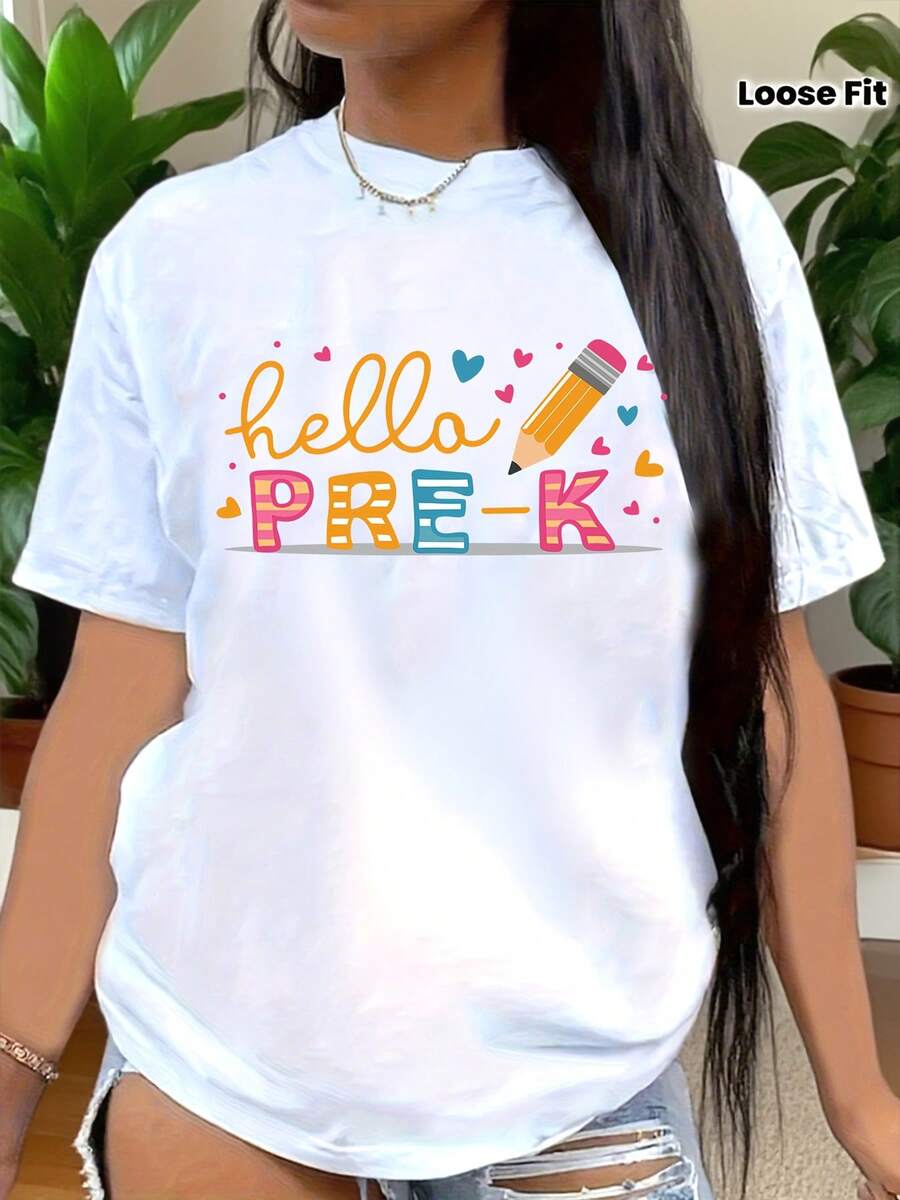 Happy First Day Of School Shirt, Plus Size Teacher Back To School Tee, Retro Simple Teacher Educational Bow & Pencil Bright Doodles Graphic T-Shirt For Educators, Events & Teach, World Teachers' Day & Teacher Appreciation Week Gifts For Teacher - White - View 1