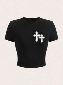 Y2K-Style Women's Cropped T-Shirt Top. Black Short Sleeve T-Shirt With White Cross Pattern On The Left Chest - 黑色 - 查看 1