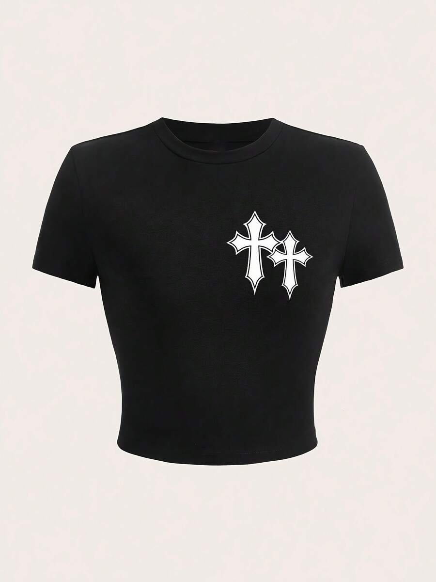 Y2K-Style Women's Cropped T-Shirt Top. Black Short Sleeve T-Shirt With White Cross Pattern On The Left Chest - 黑色 - 查看 1