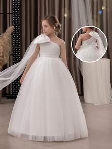 少女白色单肩薄纱蝴蝶结优雅圣诞派对礼服，公主裙，适合女孩生日礼物、派对、婚礼花童、伴娘、感恩节、毕业典礼等场合。 - 白色 - 查看 11