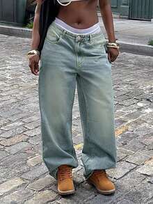 Vacation-Inspired Women's Streetwear Y2K-Style Tapered Wash-Blue Vintage-Distressed Wide-Leg Stacked Denim Jeans - Rửa trung bình - Xem 3