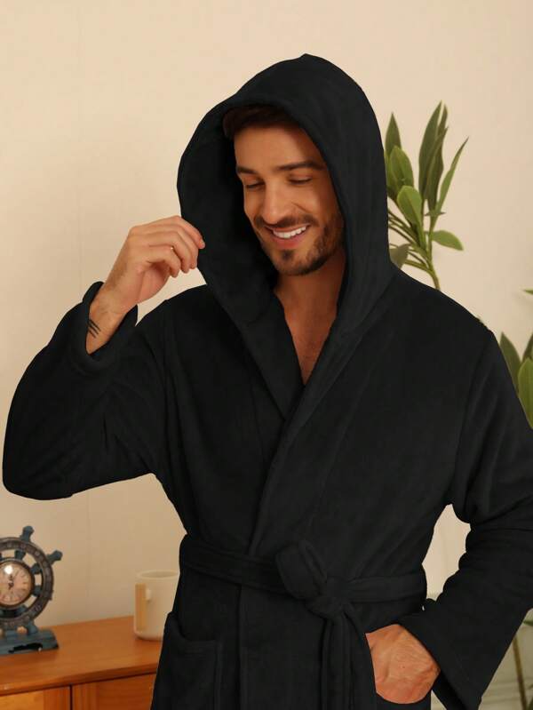 1pc Couple's Warm Double Layer Flannel Hooded Robe With Pockets, Soft & Cozy For Spring, Autumn And Winter